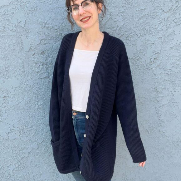 Vintage DKNY Oversized Boyfriend Cardigan Ribbed Seater in Navy Blue Large - Picture 1 of 9